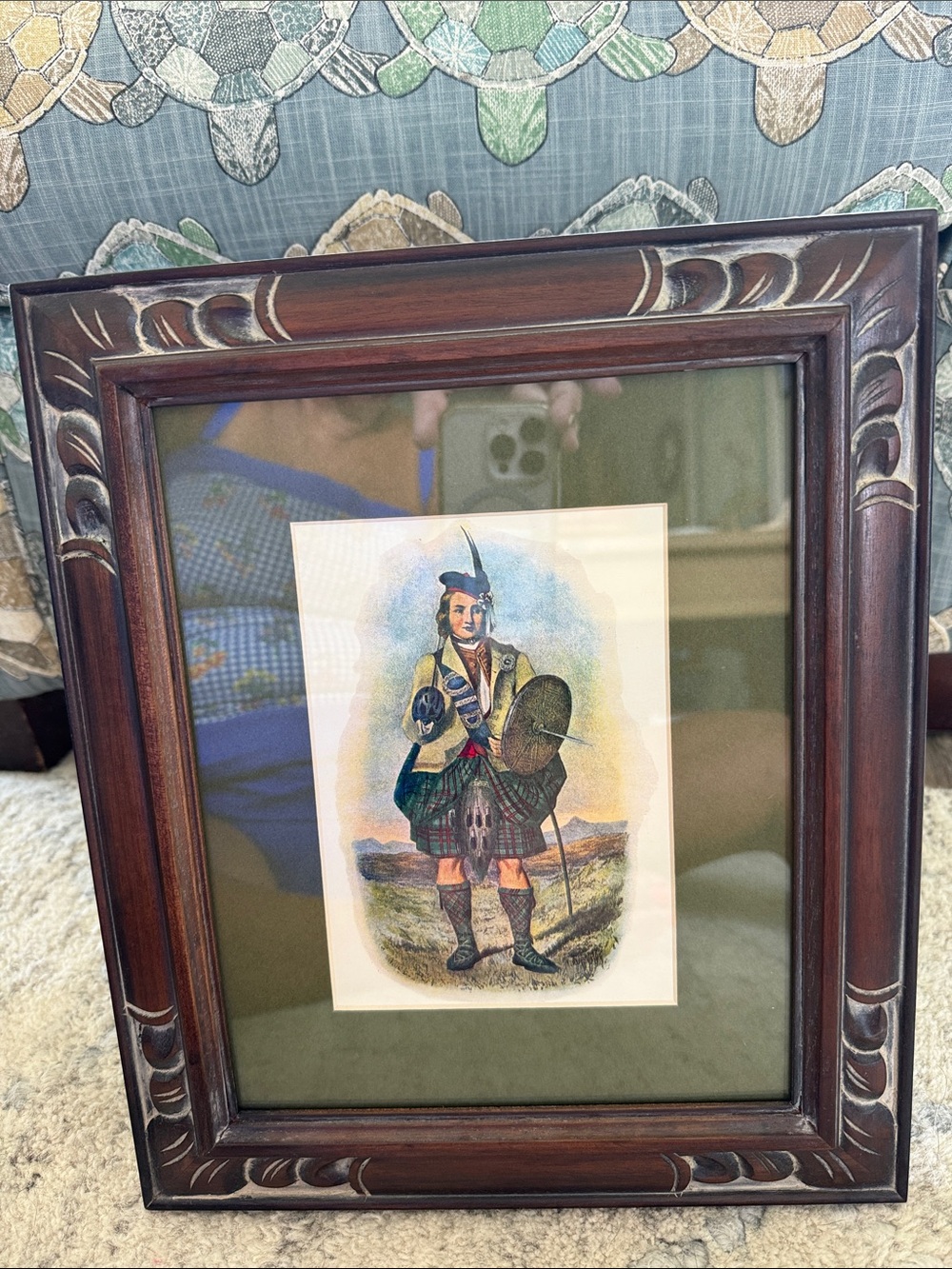 Scottish Highlander Art Print in Olive Green Mat and Dark Brown Frame